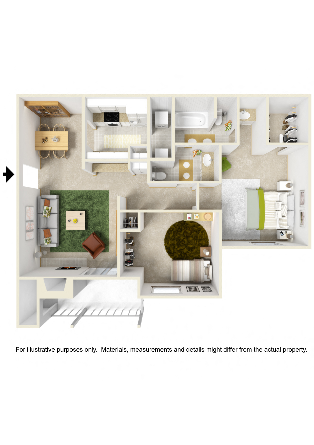 Floor plan for 2 beds, 1.5 baths, 840 sqft